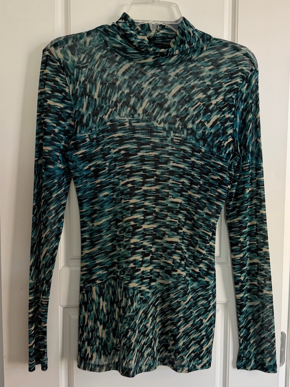 Karen Kane Sheer Mesh Mock Neck Top XL Teal Black Abstract Print Made USA